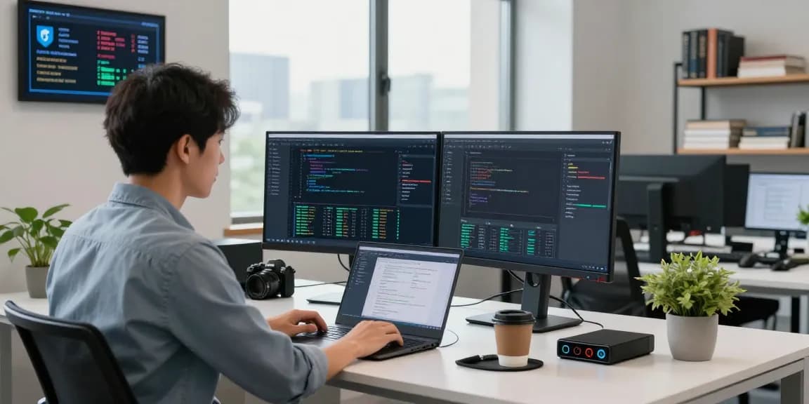 DevOps engineer UK optimising Linux server performance in a modern workspace, showcasing technology and efficiency.
