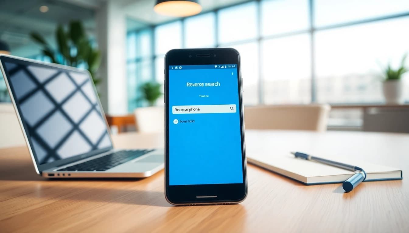 Engage in a reverse phone search uk on a smartphone in a modern office setting.