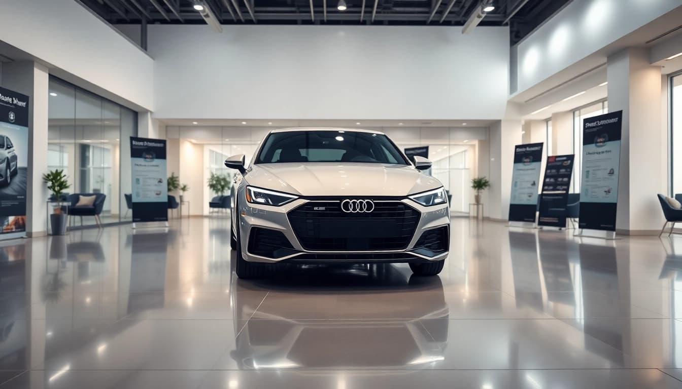 Buy New Car displayed in a luxurious showroom with modern design and sleek aesthetic.