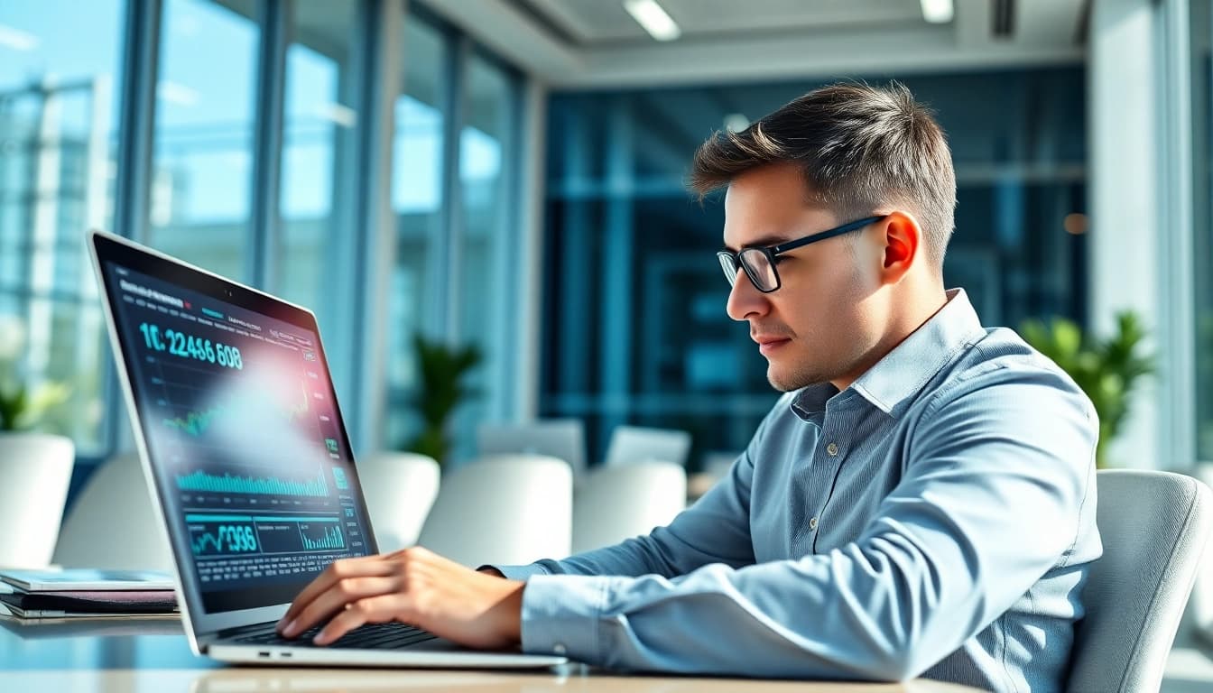 AI Investing: Professional analyzing data with AI tools in a modern office.