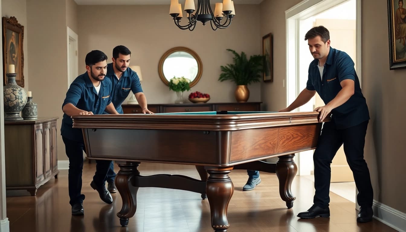 Expert pool table movers dallas skillfully transporting a slate pool table in a residential setting.