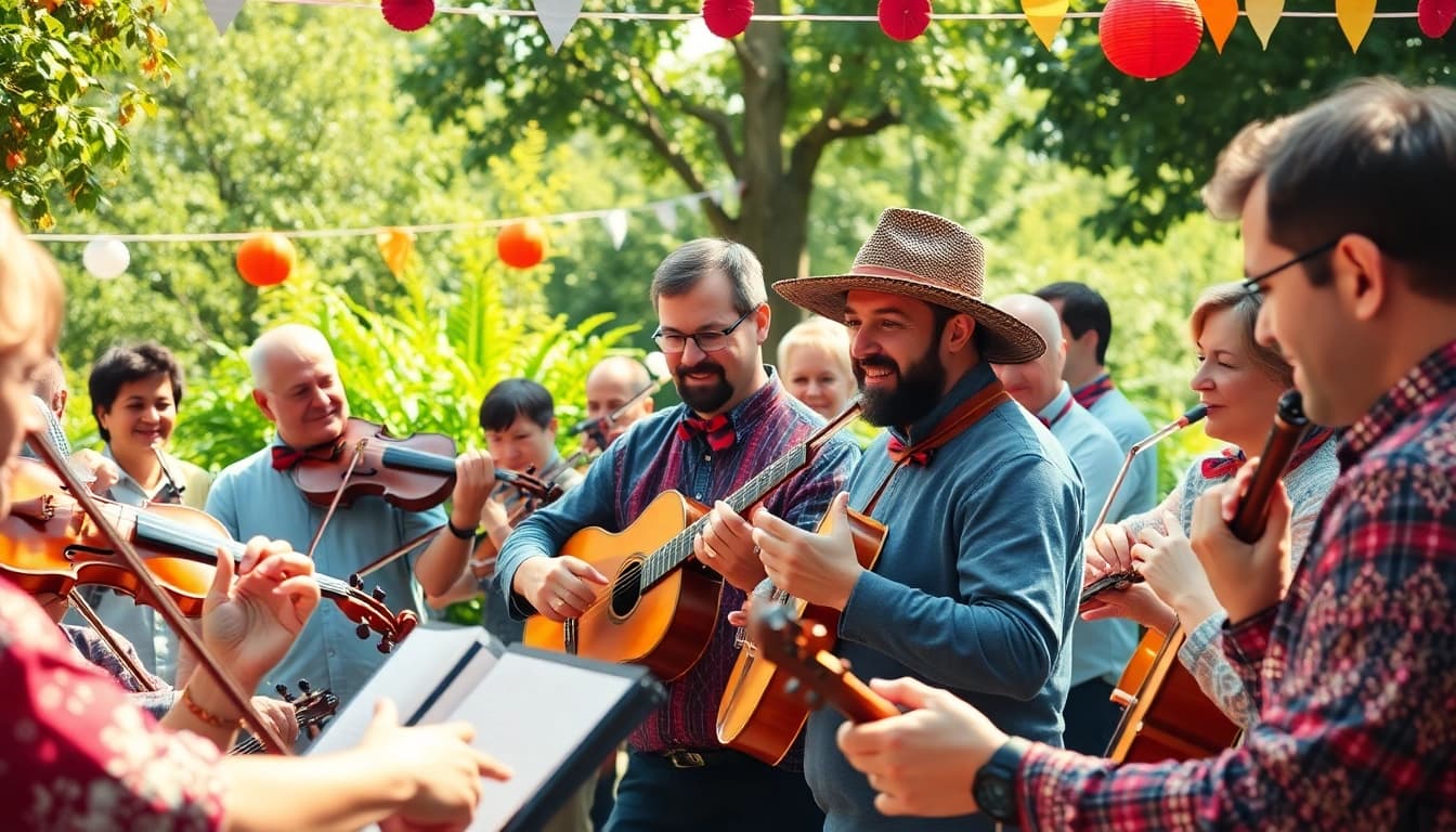 Imagini vibrante cu muzica populara, muzicieni traditionali in natura.
