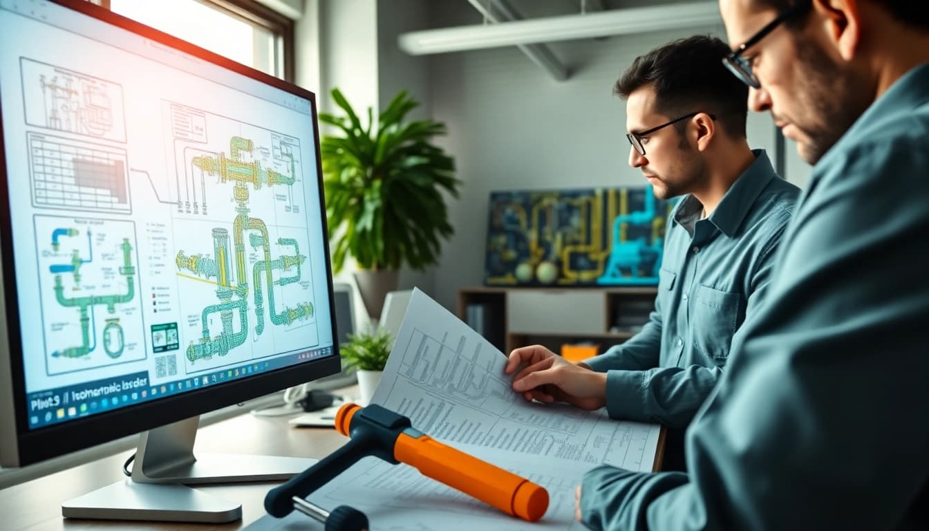 Analyze Plant 3D isometrics within a vibrant design office environment, showcasing detailed piping schematics.
