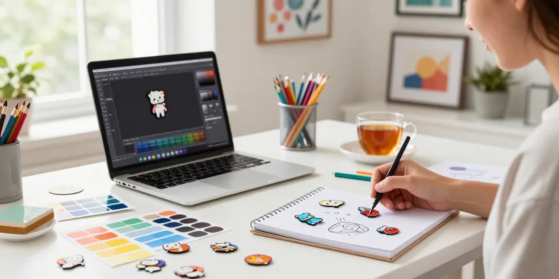 Custom acrylic pins on a designer's desk, showcasing creativity and vibrant samples.
