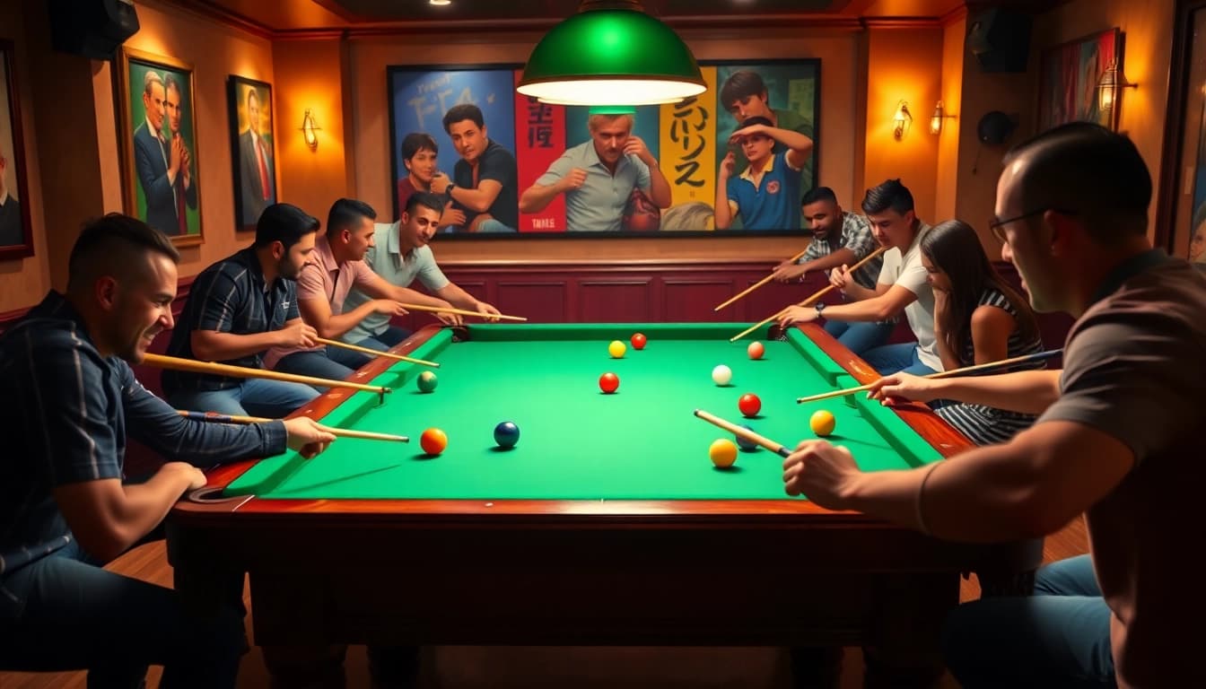 Players enjoying a competitive billiards game around a pool table in a lively setting.