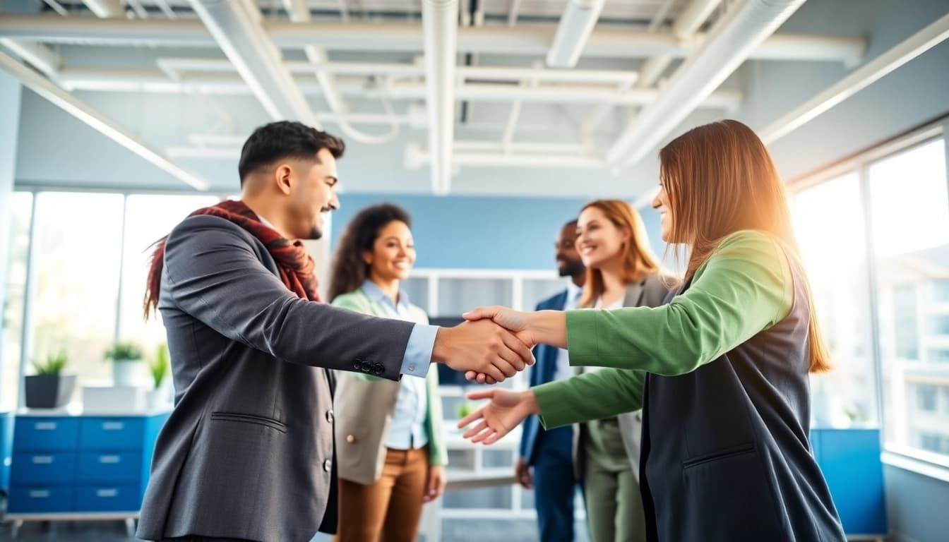 Temp agencies facilitating connections between diverse professionals and clients in a welcoming office.