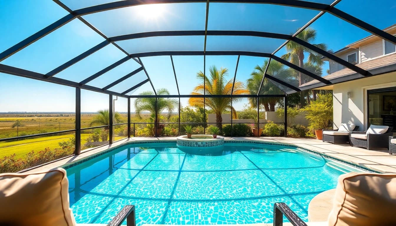 Pool Enclosure elegantly enhancing a bright backyard pool area.