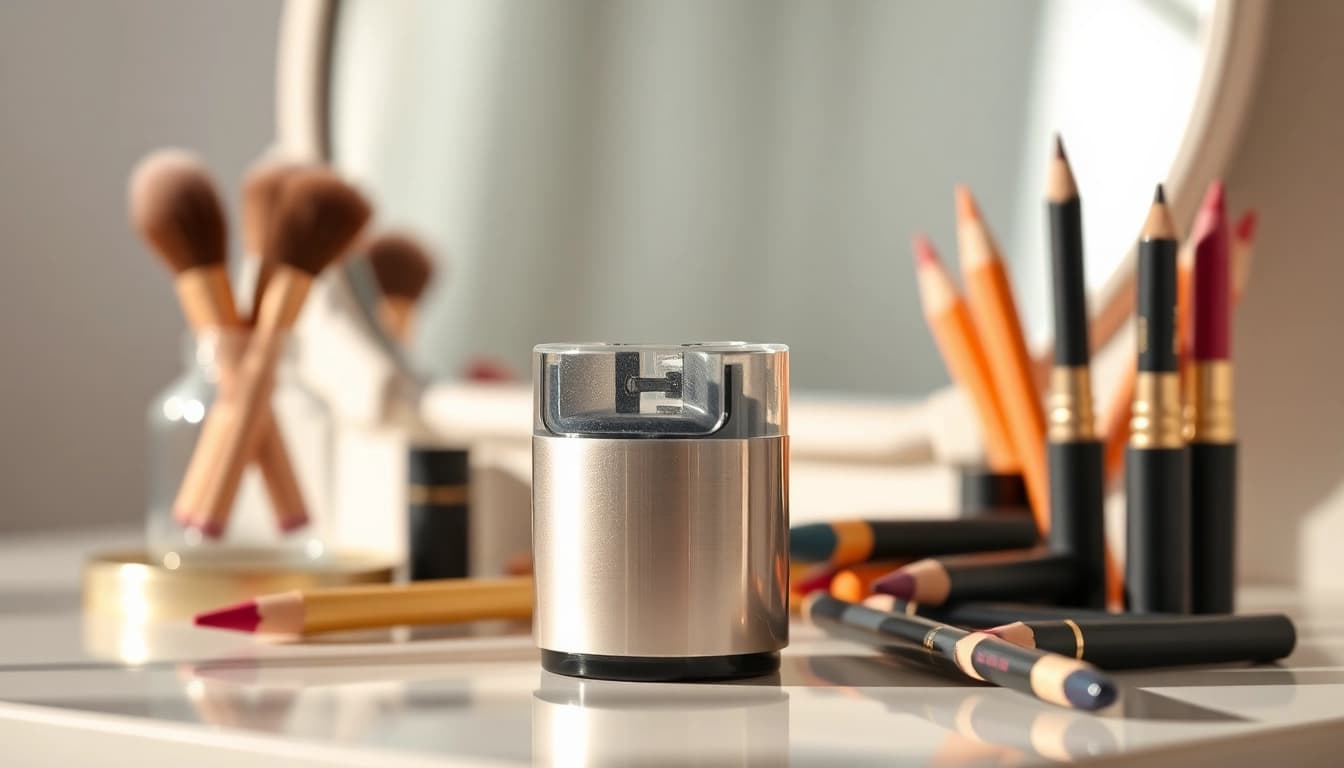 Showcasing a makeup pencil sharpener with vibrant makeup pencils for precision beauty.
