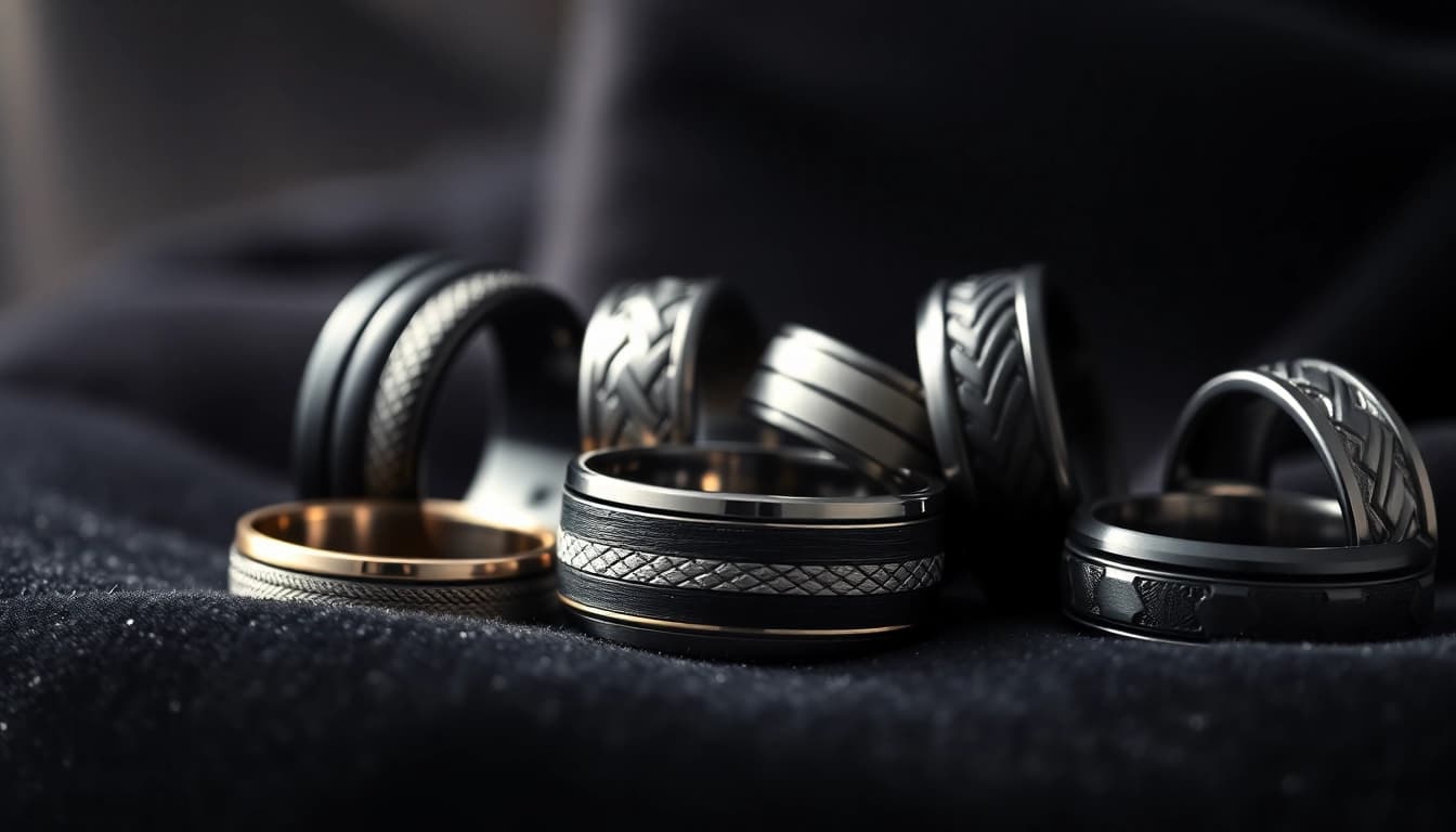 Showcase of dark mens wedding bands, highlighting unique designs and craftsmanship.