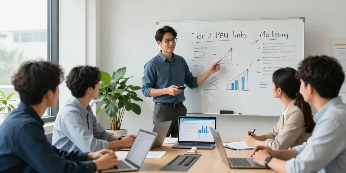 Tier 2 PBN links strategies discussed by a marketing team in a modern office.