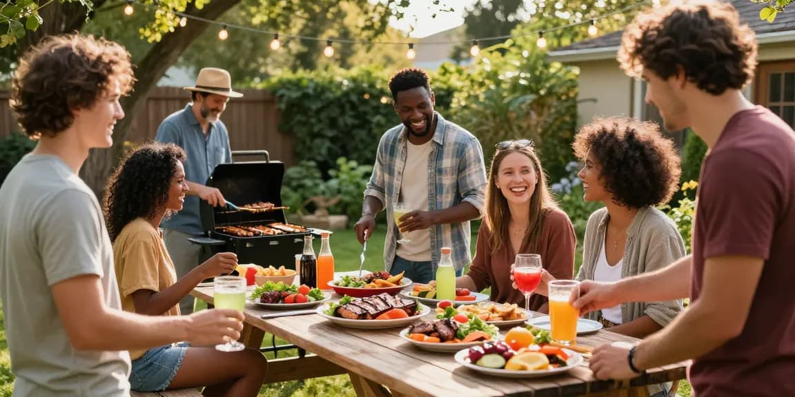 Teman-teman menikmati pesta BBQ di halaman belakang dengan hidangan lezat dan kebahagiaan bersama, menampilkan BOS88.