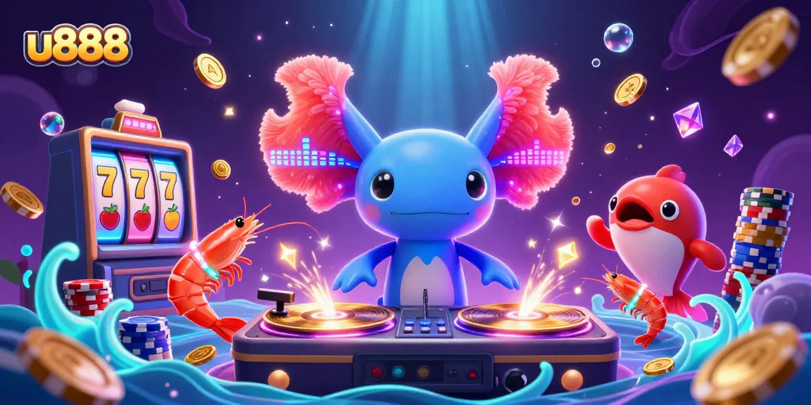 Spin to win with u888's vibrant 3D casino scene featuring a DJ and lively characters.