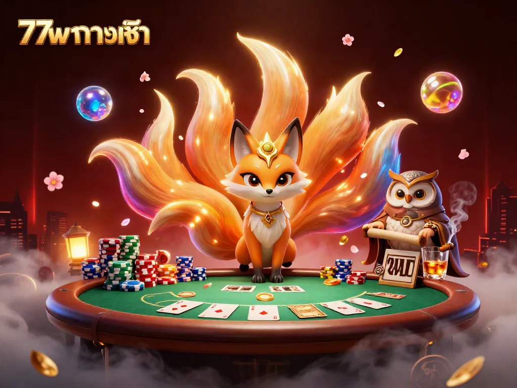 Engage in top-tier gaming with 77w ทางเข้า showcasing a vibrant casino scene featuring a colorful fox spirit.