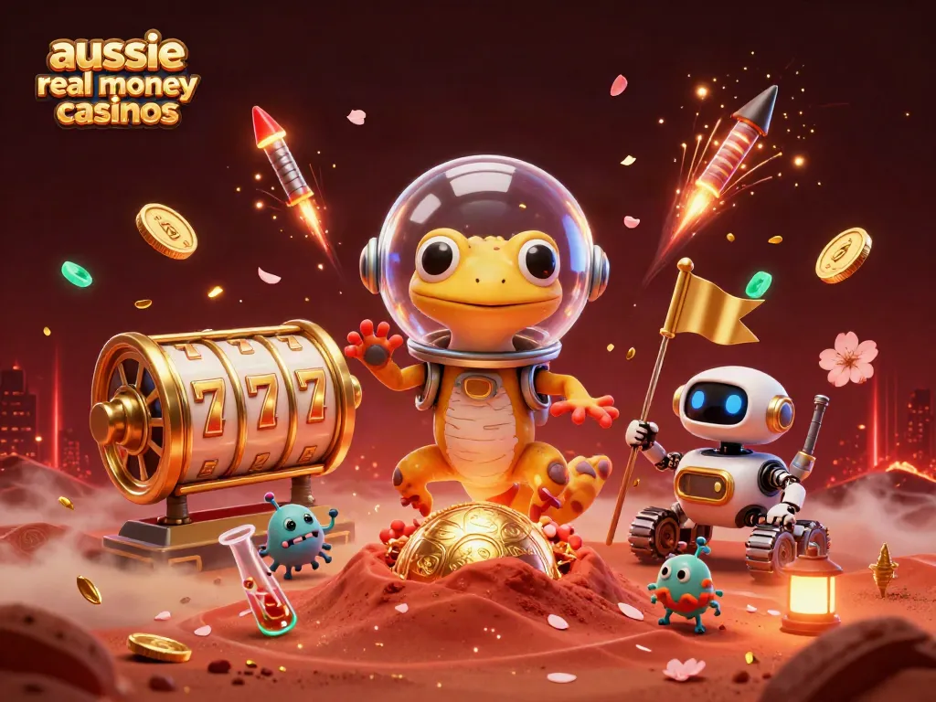 Immerse in the exciting world of aussie real money casinos with a vibrant scene featuring a Martian gecko and robot exploring a golden casino.