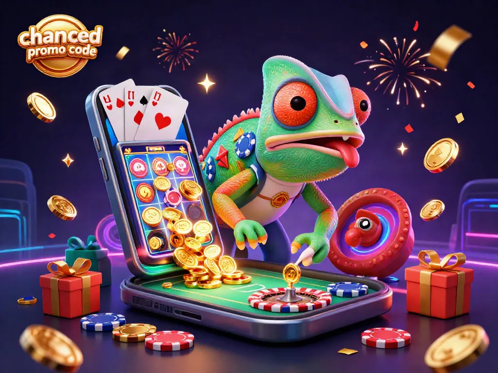 Win big with chanced promo code in a vibrant casino-themed illustration featuring a chameleon owner.