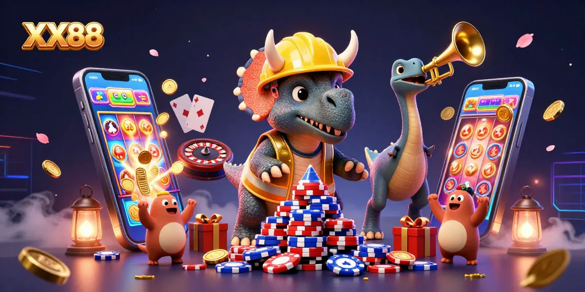 Experience the exciting world of XX88 with a triceratops building poker chips while celebrating casino wins in vibrant detail.