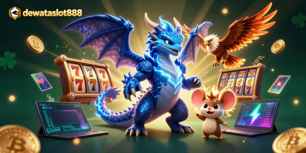 Menangkan jackpot di dewataslot888 dengan ilustrasi slot berenergi tinggi bersama karakter sirkus.