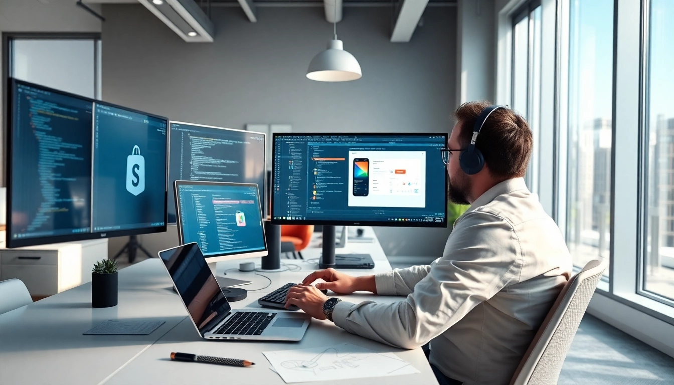 Hire Shopify developer creating an e-commerce website in a bright, modern office setup.