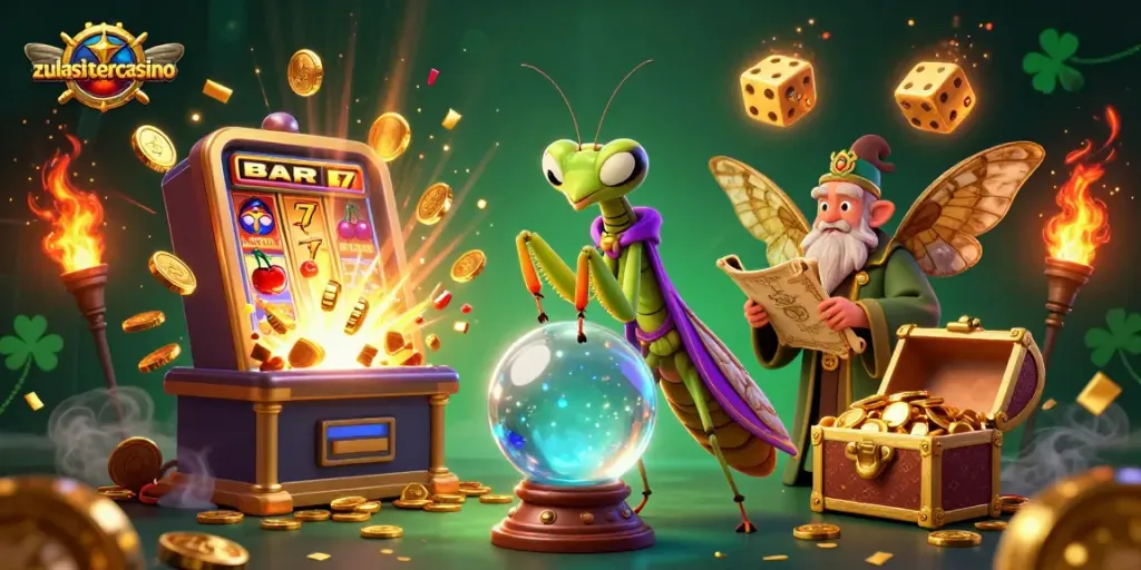 Discover zulasistercasino's vibrant gaming scene with a mystical fortune teller and a librarian.
