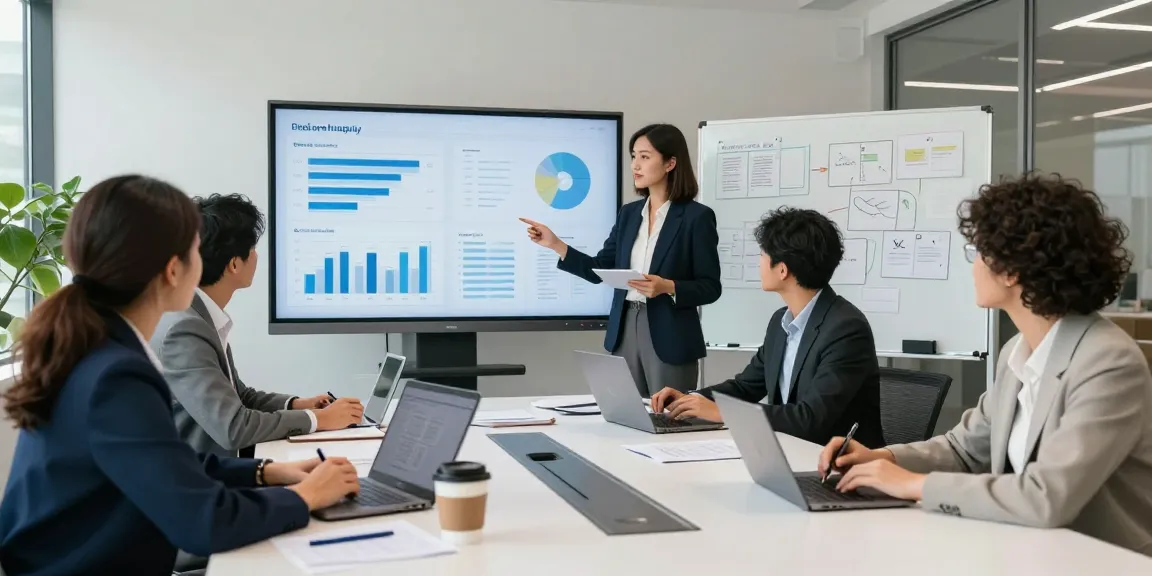 Diverse professionals from Chaktty Media collaborating in a bright conference room, discussing strategies and analyzing data.