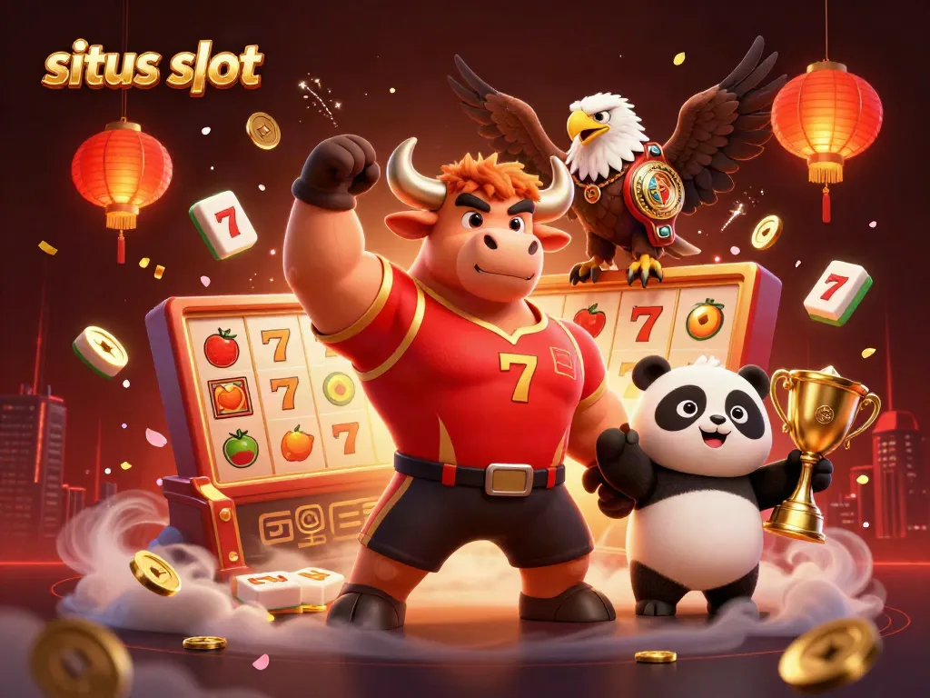 Ilustrasi 3D situs slot menampilkan simbol keberuntungan dengan karakter menarik dan elemen kasino