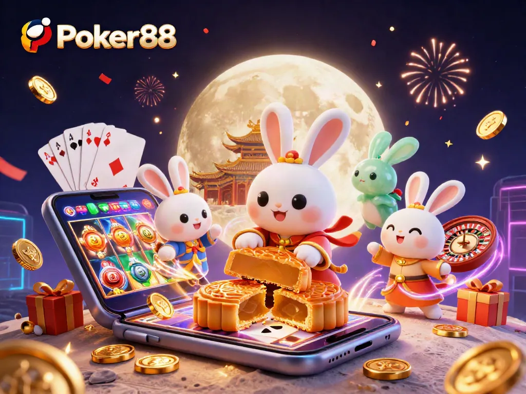 Play exciting slots and poker games on Poker88 with vibrant 3D illustration showcasing fun elements.