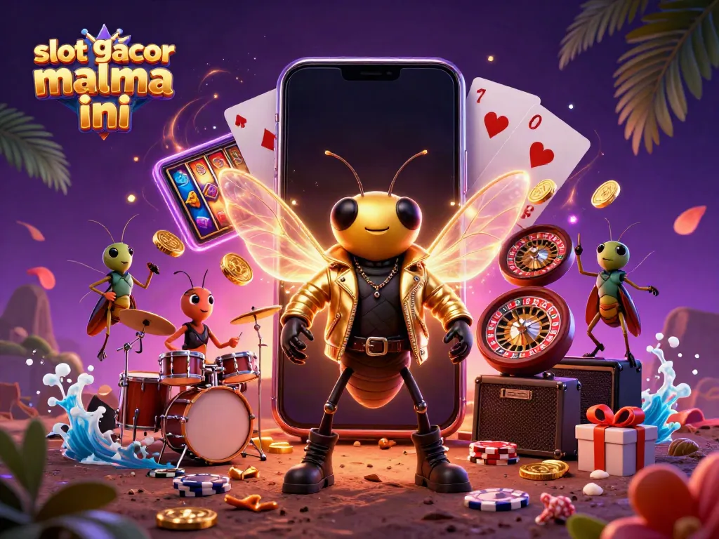 Engage with slot gacor malma ini through a vibrant scene of a cicada rock star with casino elements.