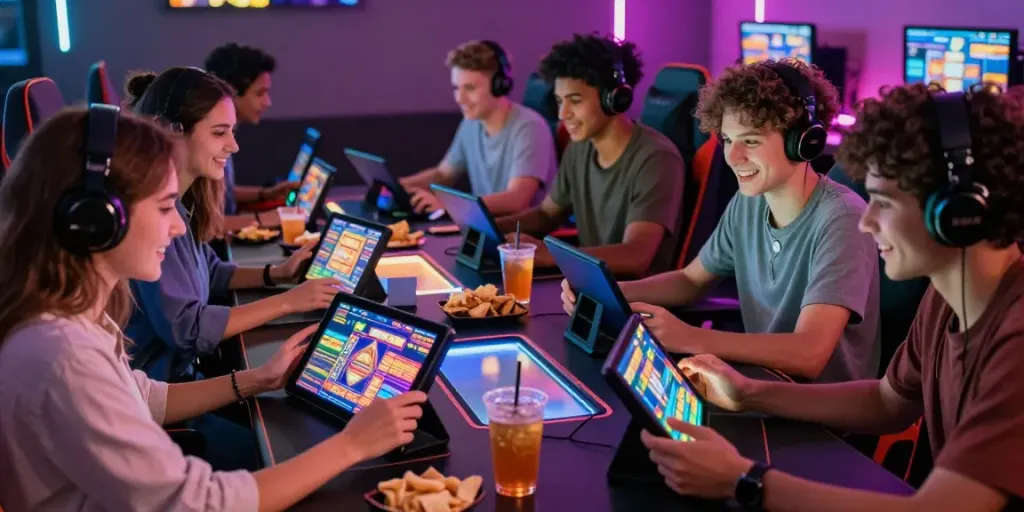 Friends passionately playing slot games in a vibrant gaming lounge.