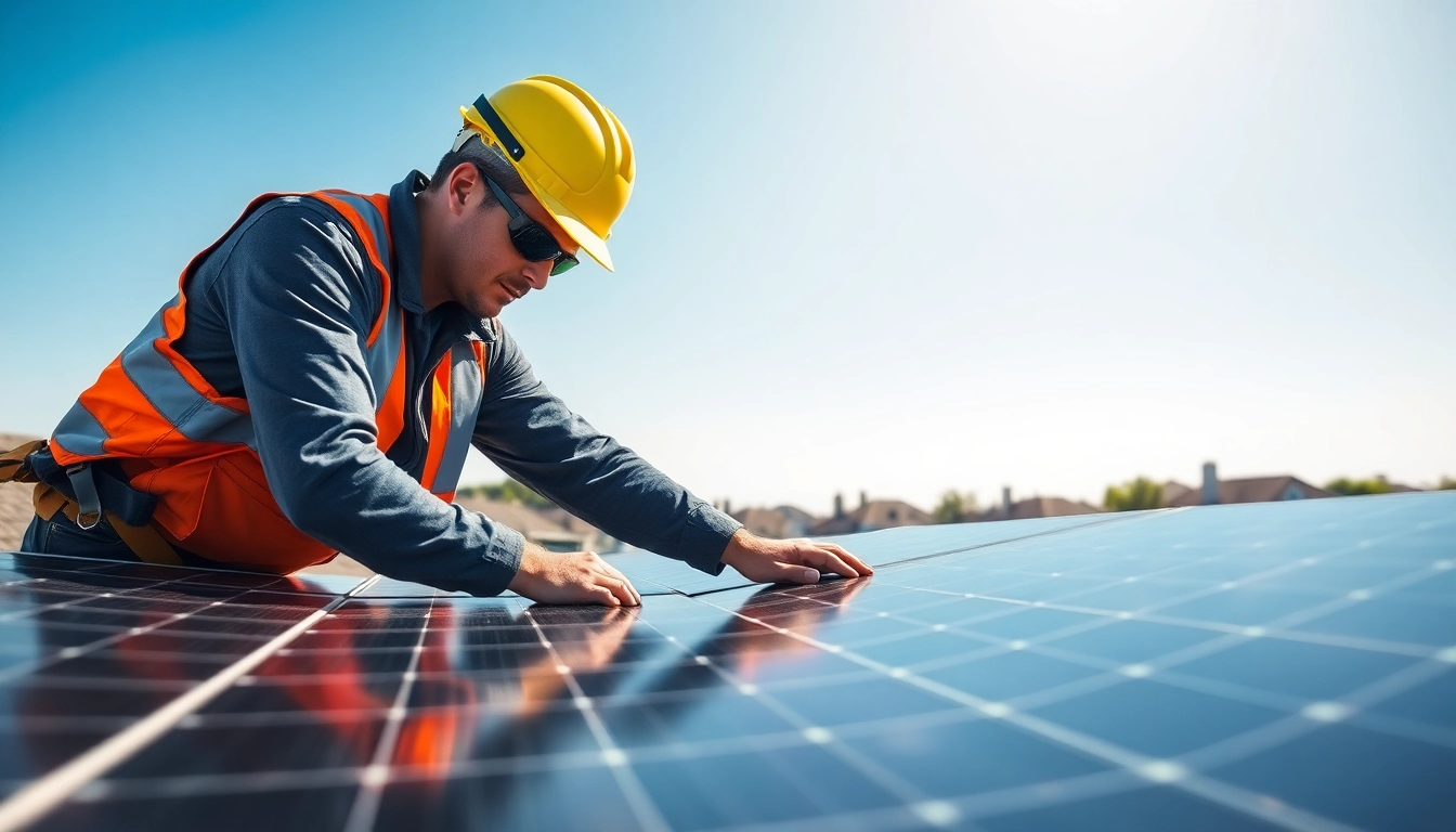 Conducting solar maintenance New Jersey with a technician focused on rooftop solar panels.