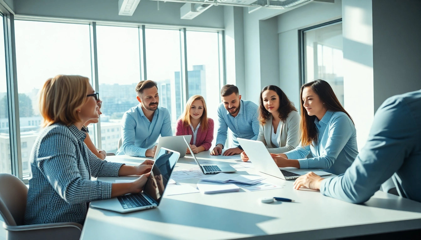 Brand Marketing Consultant collaborating with a diverse team in a modern office.