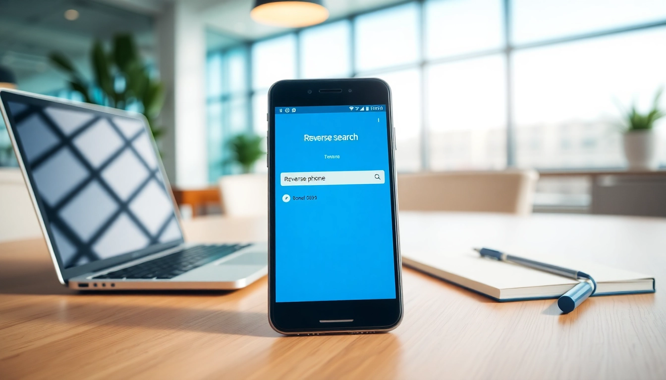 Engage in a reverse phone search uk on a smartphone in a modern office setting.