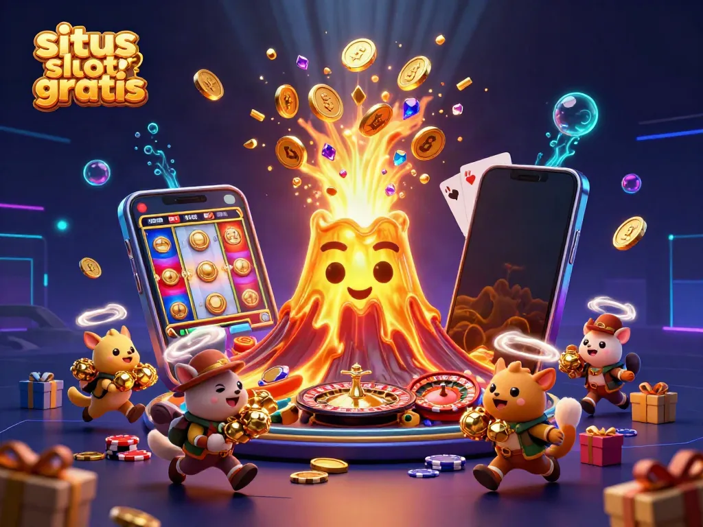 Experience the thrill of situs slot gratis with a vibrant scene of a golden volcano erupting treasures while animated animals flee joyfully.