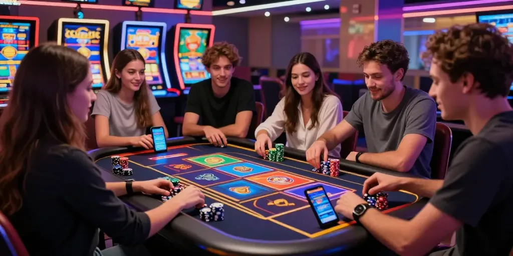 Friends enjoying situs slot gacor gaming experience in a modern casino.