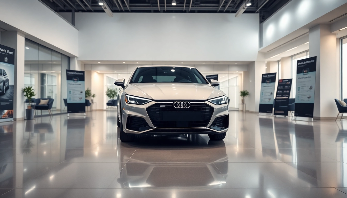 Buy New Car displayed in a luxurious showroom with modern design and sleek aesthetic.