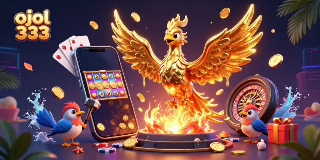 Engage with a vibrant Ojol 333 scene featuring a golden phoenix and gaming elements, enhancing player excitement.