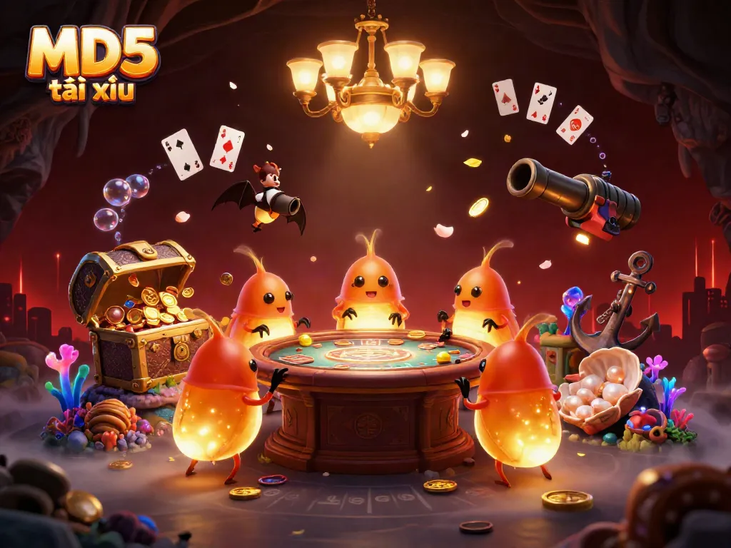 Experience the vibrant MD5 tài xỉu casino with glowworms and a bat dealer, rich with gold and gems.