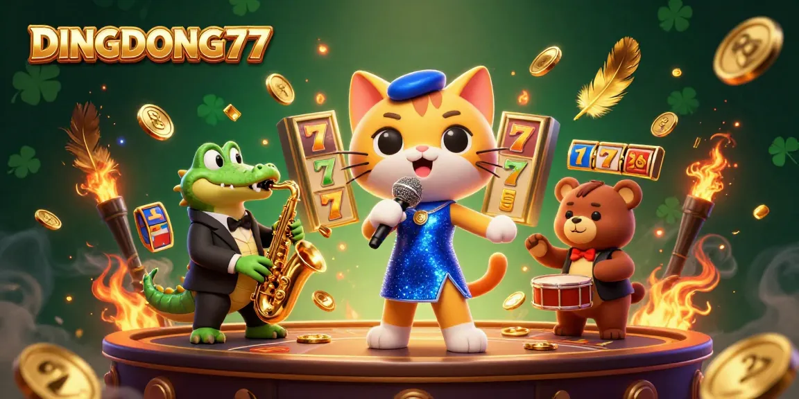 DINGDONG77 brings life to the casino stage with a singing cat, a saxophonist crocodile, and a drumming bear.