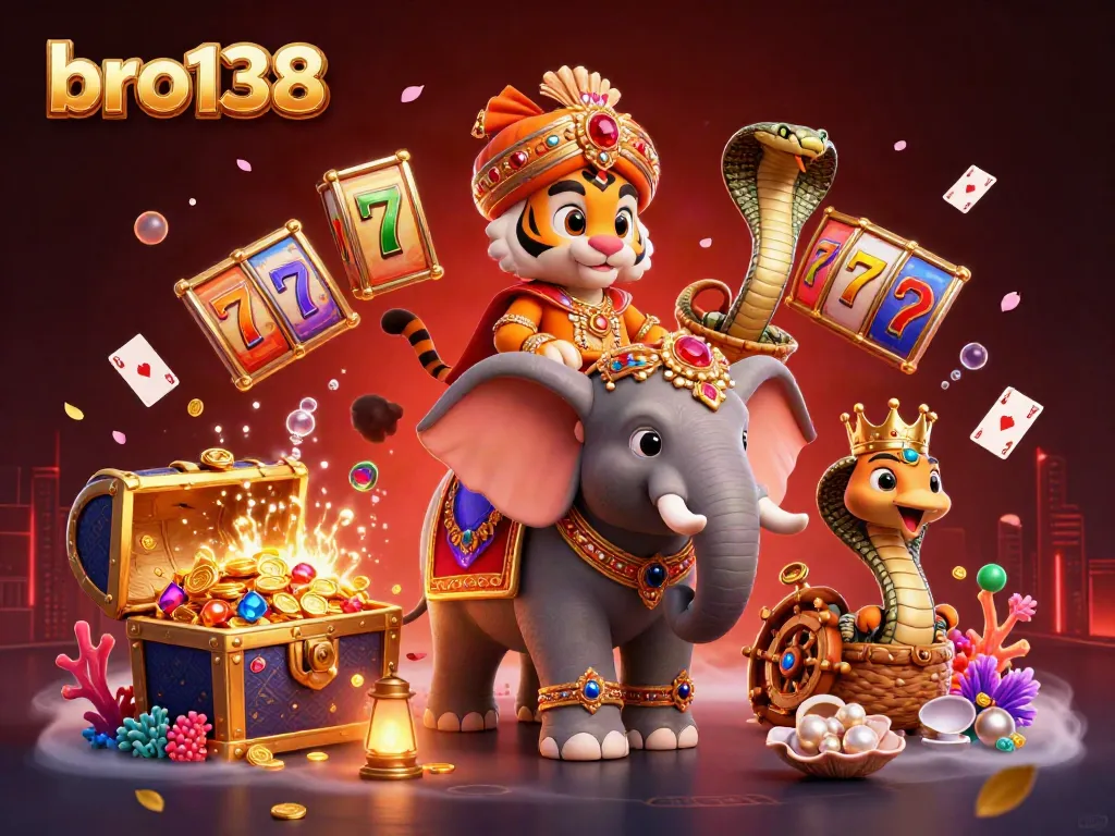 Engage in thrilling slots at bro138 with a spectacular maharaja scene showcasing vibrant gems and gold coins.