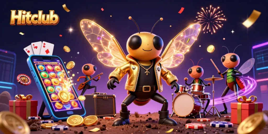 Hitclub slots come to life as a rock star cicada and band celebrate winning in a vibrant 3D casino scene.