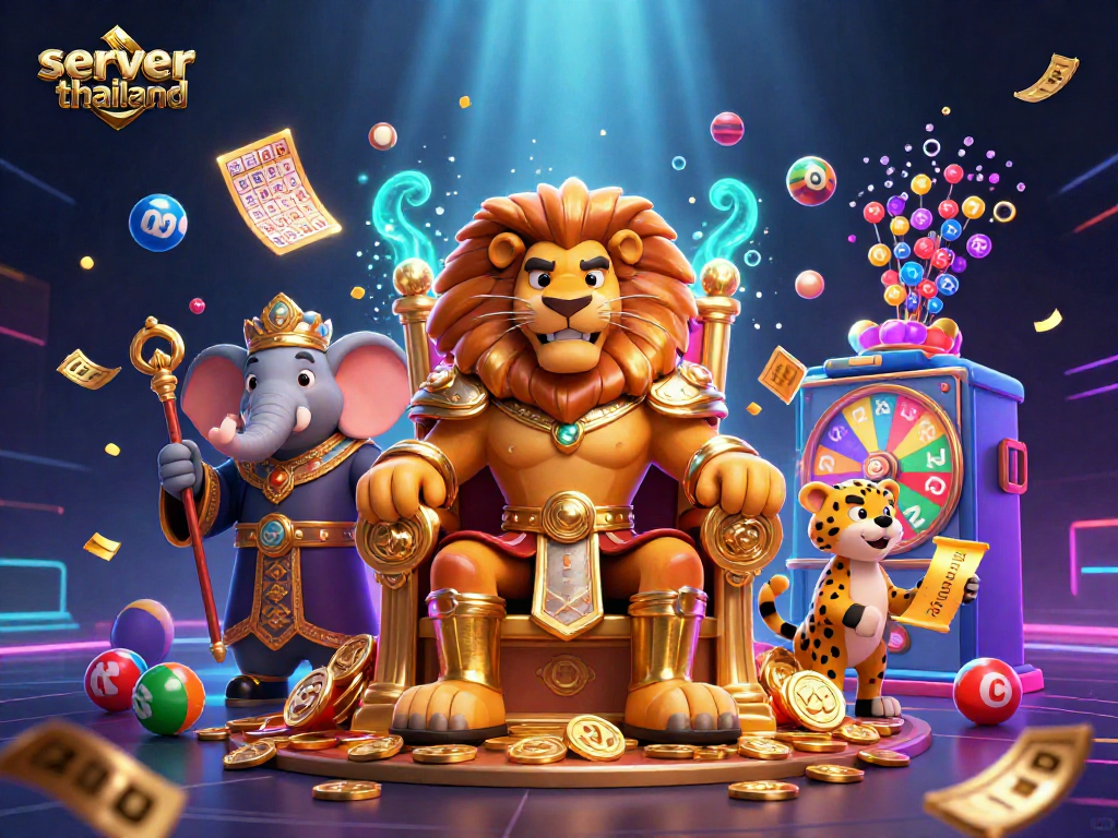 Engage with high-stakes games on server thailand featuring lively playful characters in a vibrant casino scene.