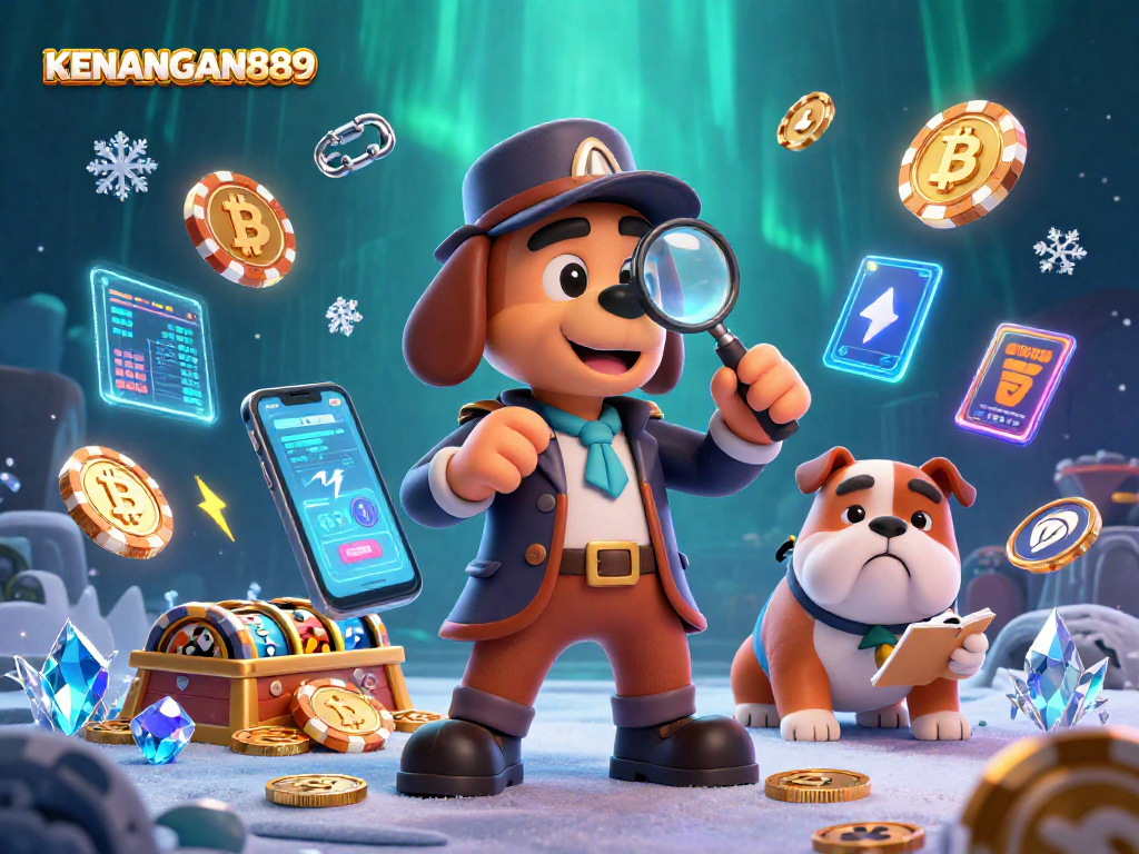 Play slots and win with KENANGAN889, golden poker chip clues, and vibrant crypto elements illustrated.