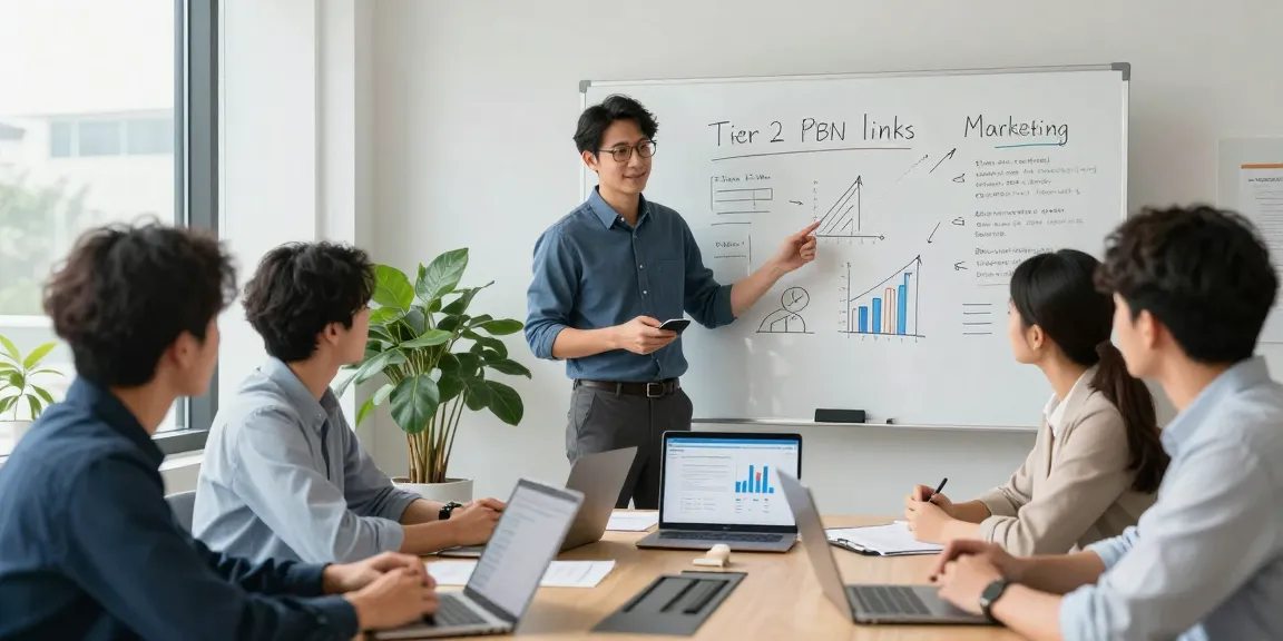 Tier 2 PBN links strategies discussed by a marketing team in a modern office.