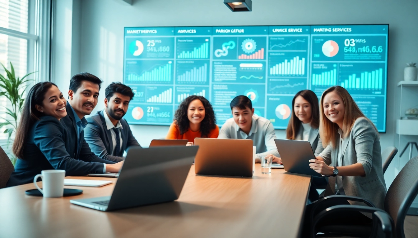 Showcasing digital marketing agency services with a collaborative team in a modern office.