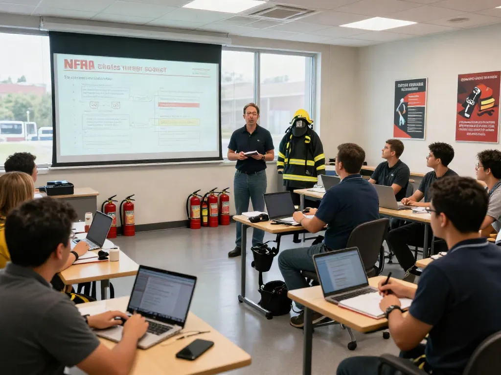 Engaged professionals in NFPA Certification Training session, instructor teaching fire safety principles.