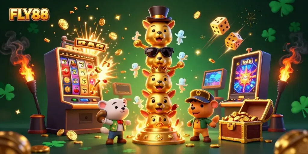 FLY88 offers an engaging gaming experience with vibrant 3D casino elements, showcasing slots and jackpots.