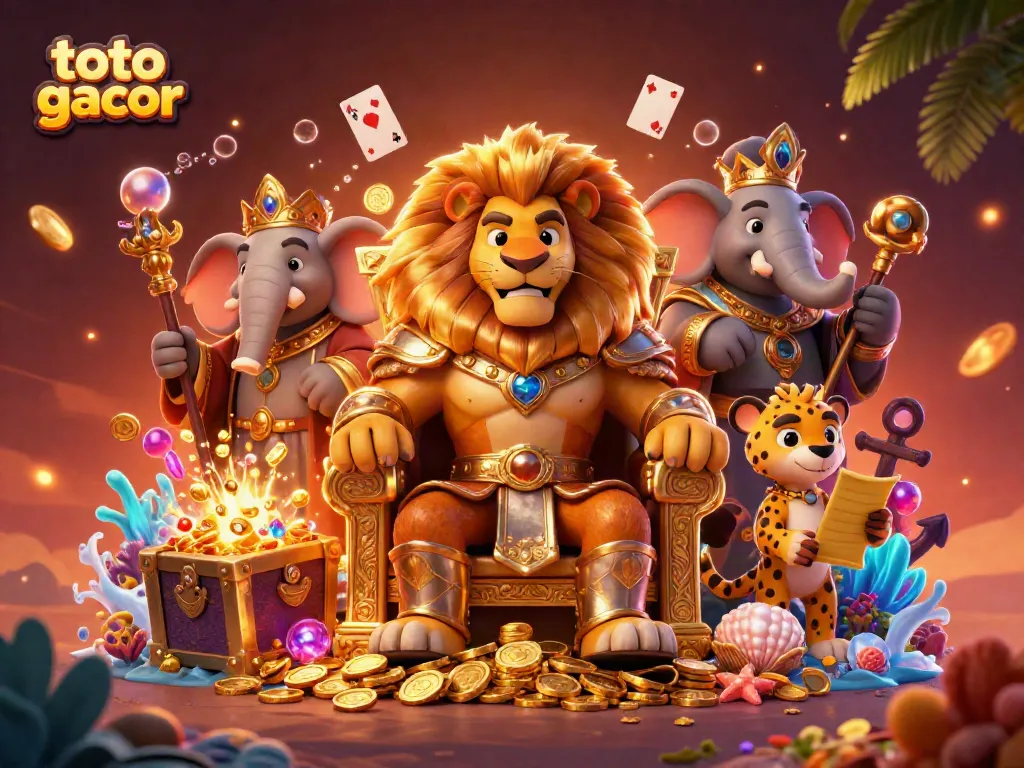 Experience thrilling moments with toto gacor, featuring a fierce lion king, wise elephant, and swift cheetah amidst rich casino elements.
