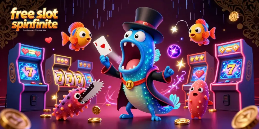 Play free slot games with bonus spins Spinfinite surrounded by vibrant arcade elements and magical sea creatures.