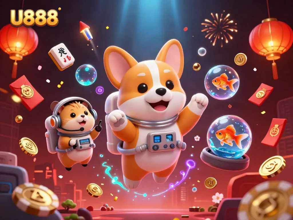 U888 offers a lively scene of gaming excitement with vibrant visuals and playful characters.