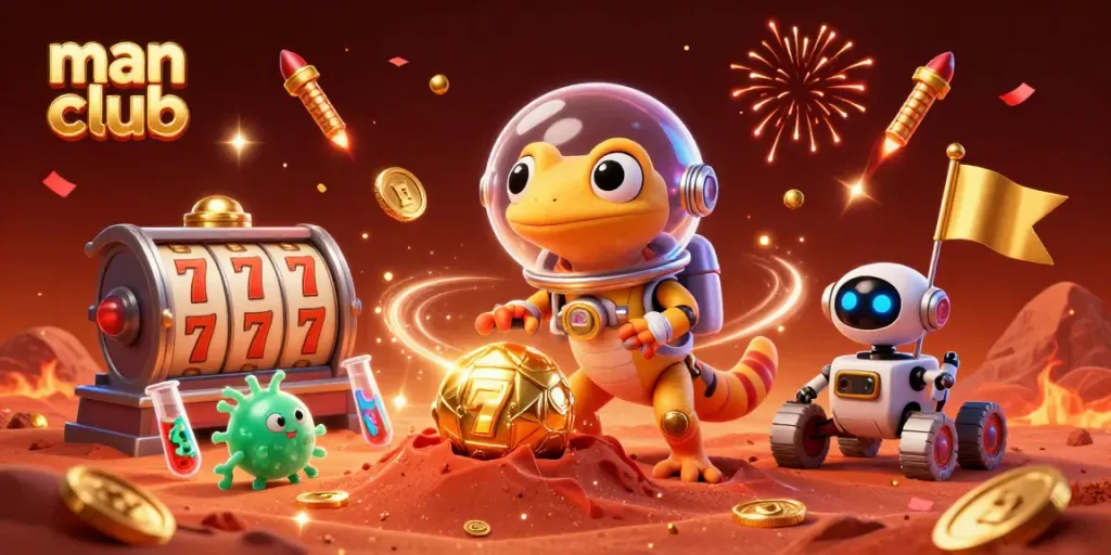Exciting gaming scene at man club featuring a Martian gecko discovering a golden casino with vibrant slot reels.
