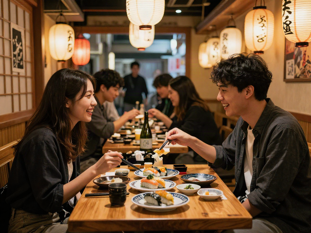 日本AV文化与现代居酒屋的浪漫夜晚，情侣共享寿司与清酒。